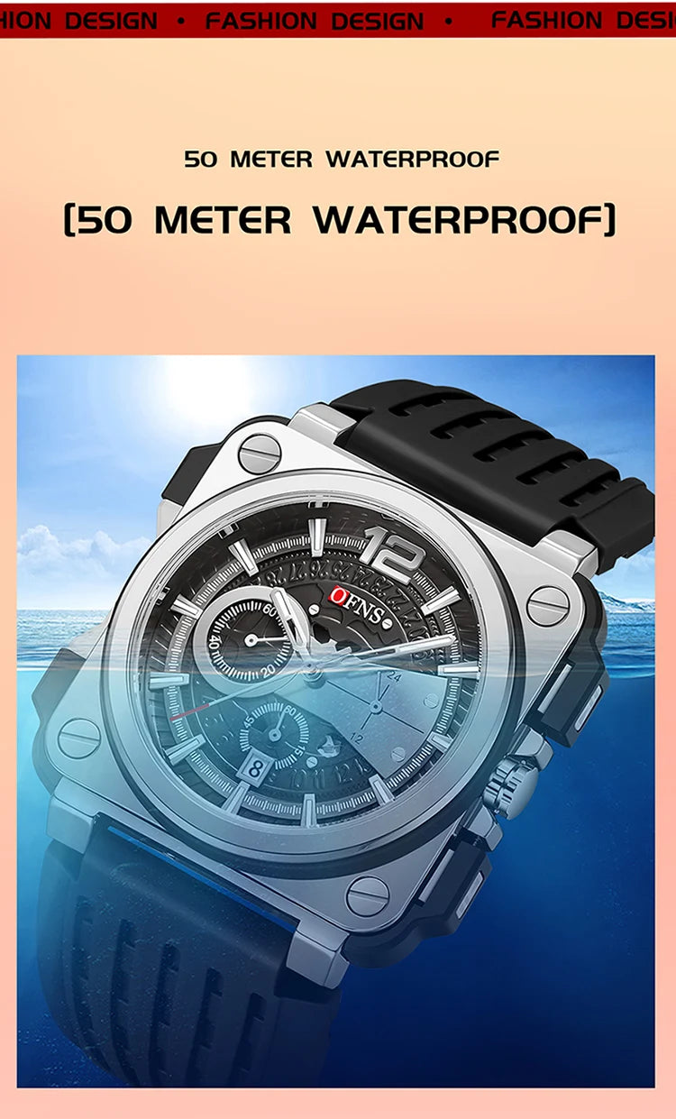 Stainless Steel Silicone Quartz Calendar Waterproof Multi Function square Watch for Men