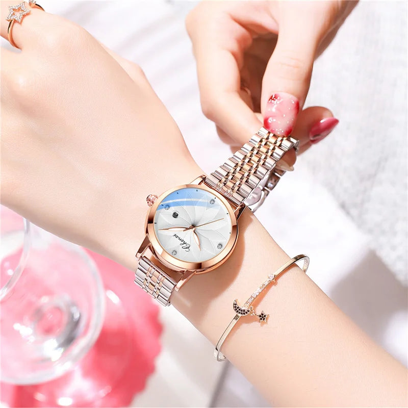 Stainless Steel Quartz Women's Watch with Flower Dial