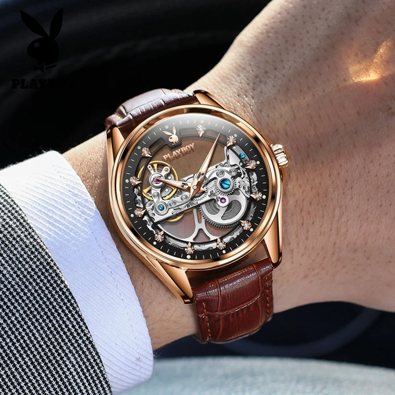 Stainless Steel Hollow Out Automatic Mechanical Watch with Luminous Leather Strap for Men