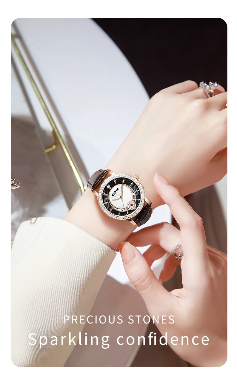 Black Diamond Quartz Leather Watch for Women