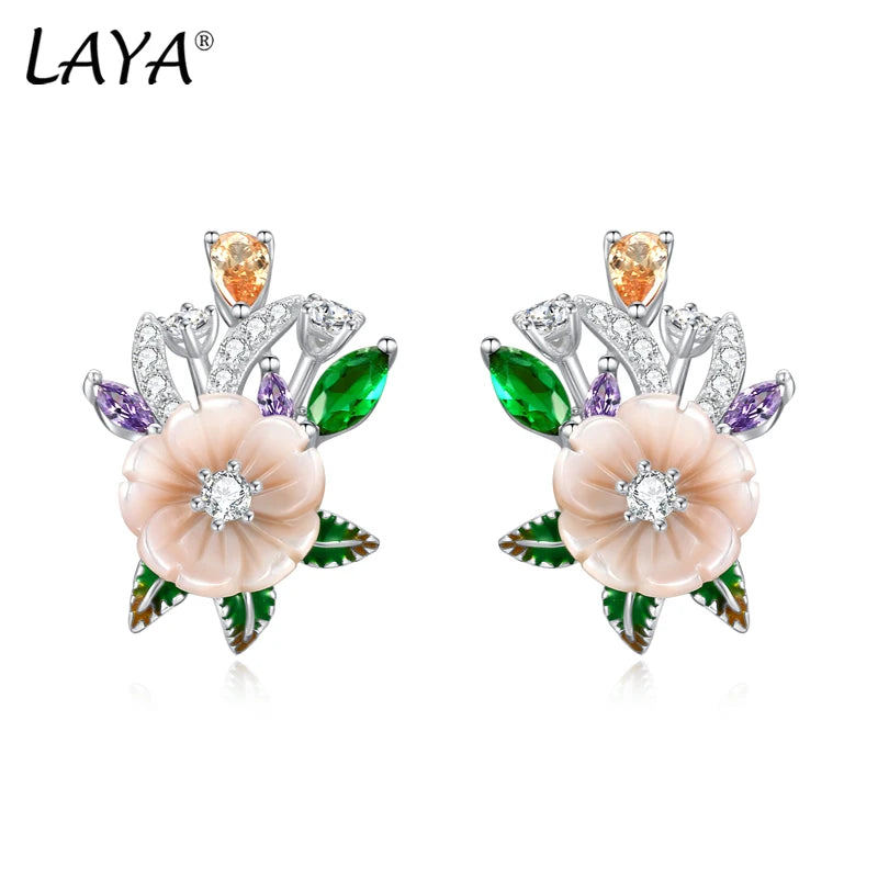 925 Sterling Silver Shell Flower Earrings with White Champagne Zircon for Women