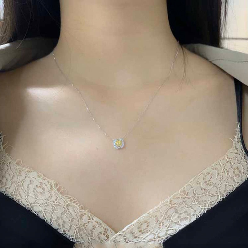 18K White Gold Yellow Diamond Square Pendant Necklace for Women