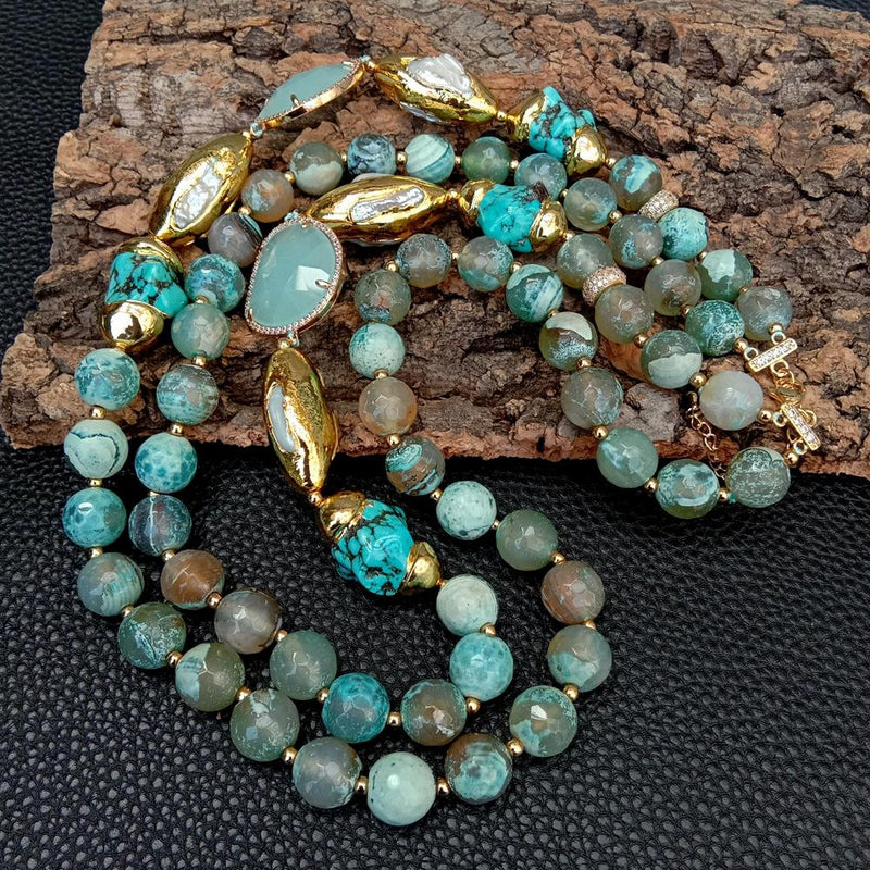 Y.YING 2 Rows Green Agate Blue Turquoise Crystal White Biwa Pearl Necklace Women Jewelry