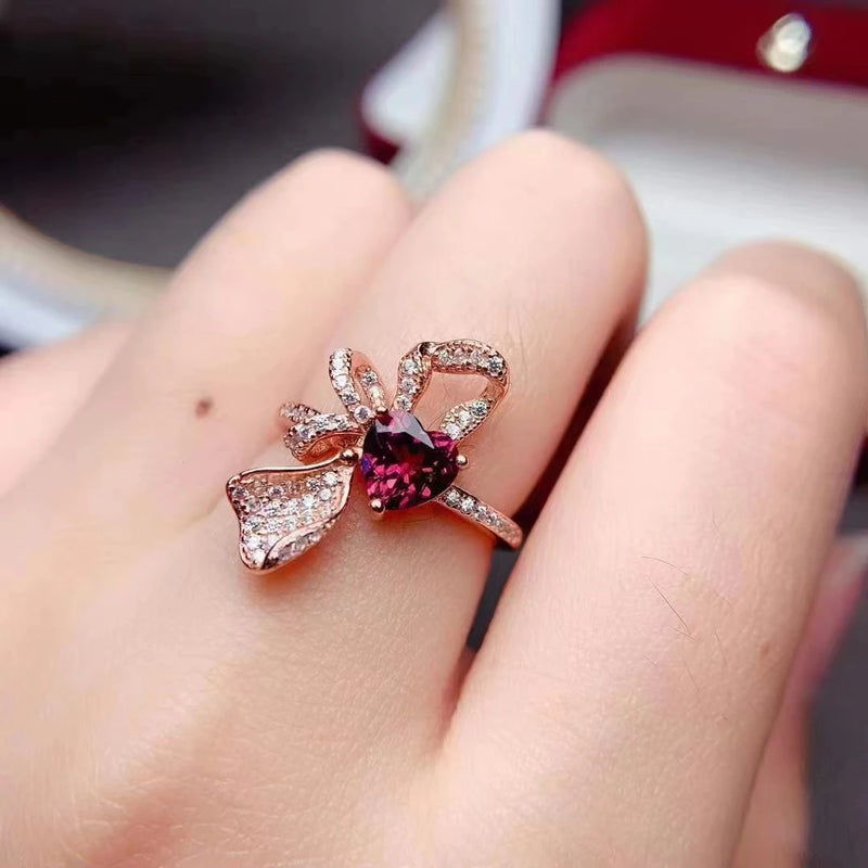 925 Sterling Silver Pink Moissanite/Garnet/Topaz Bow Heart Ring for Women