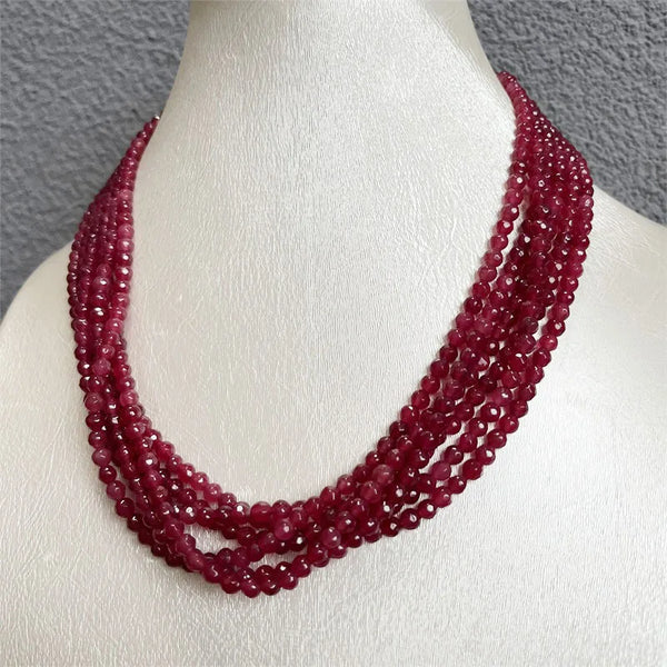 Sterling Silver Red Ruby Jade Faceted Round Chain Choker for Women