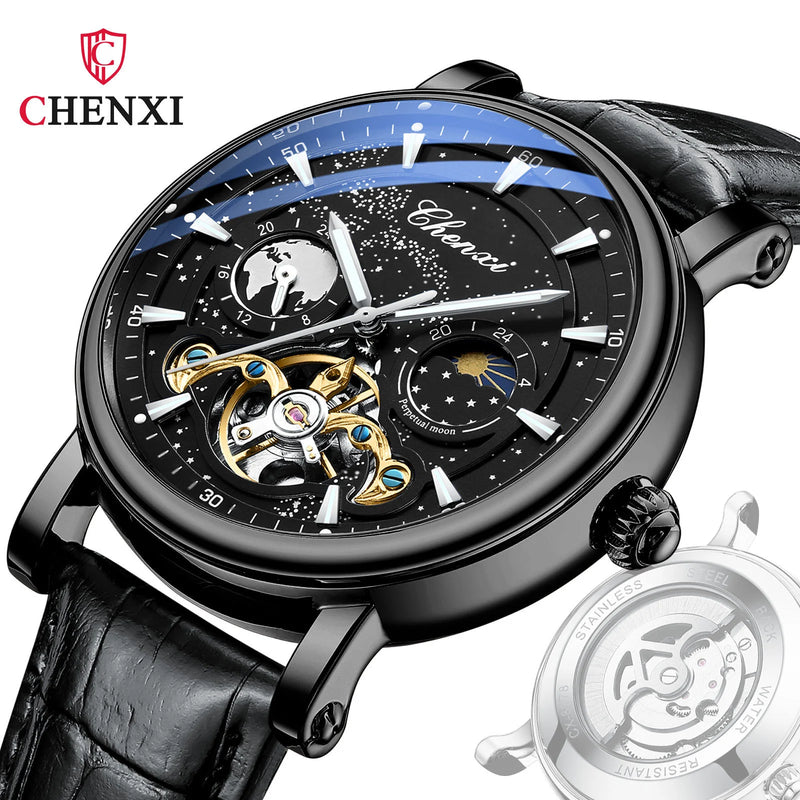 Stainless Steel Milky Way Moon Phase Hollow Flywheel Mechanical Watch for Men