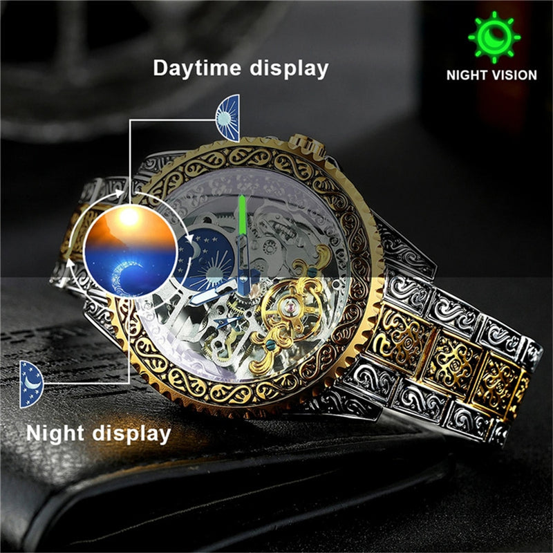 Stainless Steel Skeleton Automatic Luminous Mechanical Watch for Men