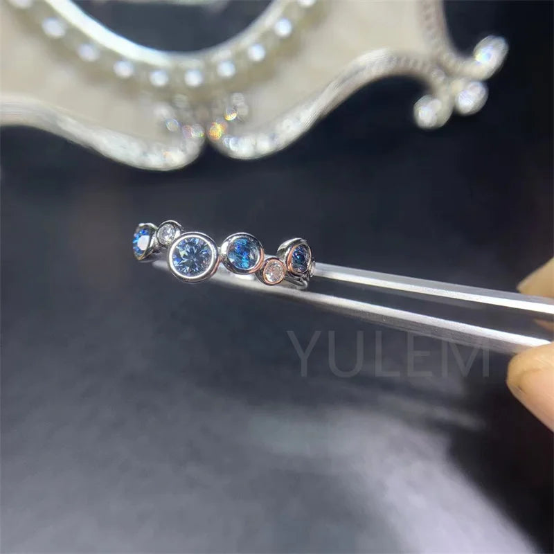 925 Sterling Silver Blue Moissanite Band Ring, 4mm & 3mm, for Women