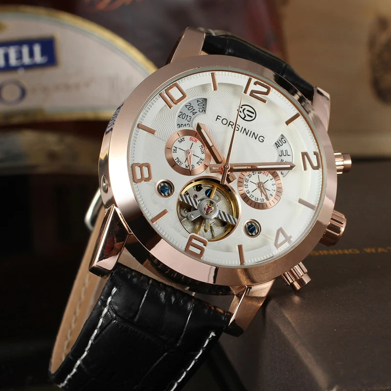 Leather Mechanical Automatic Men's Wrist Watch with Tourbillon and Multi-Functionalities