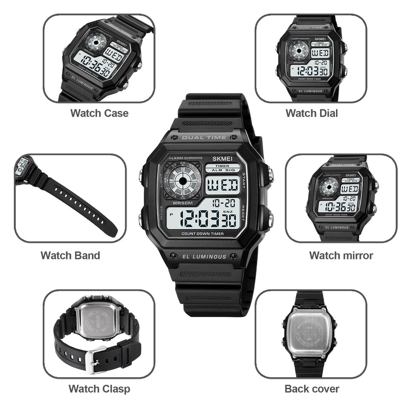 Stainless Steel Digital Sport Watch with Countdown Timer for Men