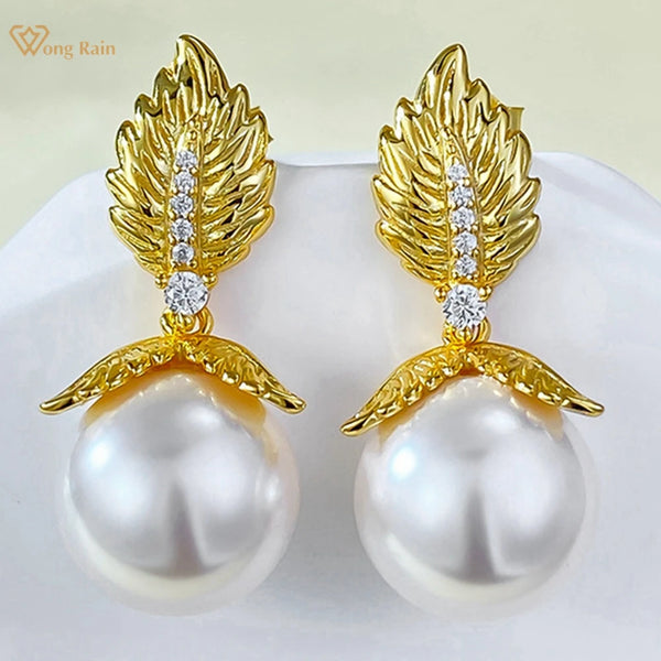 Wong Rain 18K Gold Plated 925 Sterling Silver 12 MM Pearl High Carbon Diamond Gemstone Classic Drop Earrings for Women Jewelry