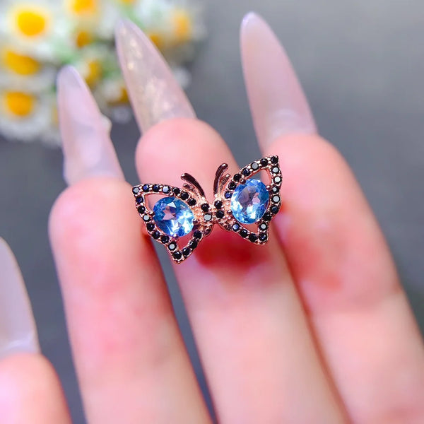 Sterling Silver Natural Topaz Butterfly Ring for Women