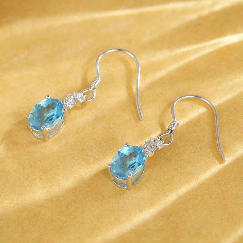 925 Sterling Silver Natural Blue Topaz Dangling Earrings for Women