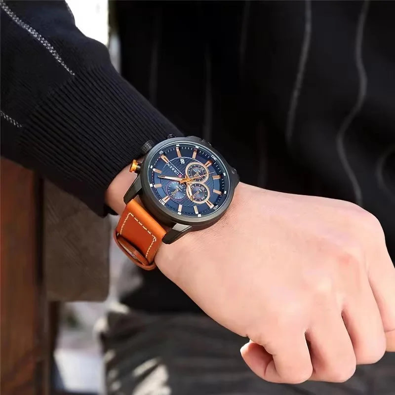 Stainless Steel Brown Leather Chronograph Watch for Men