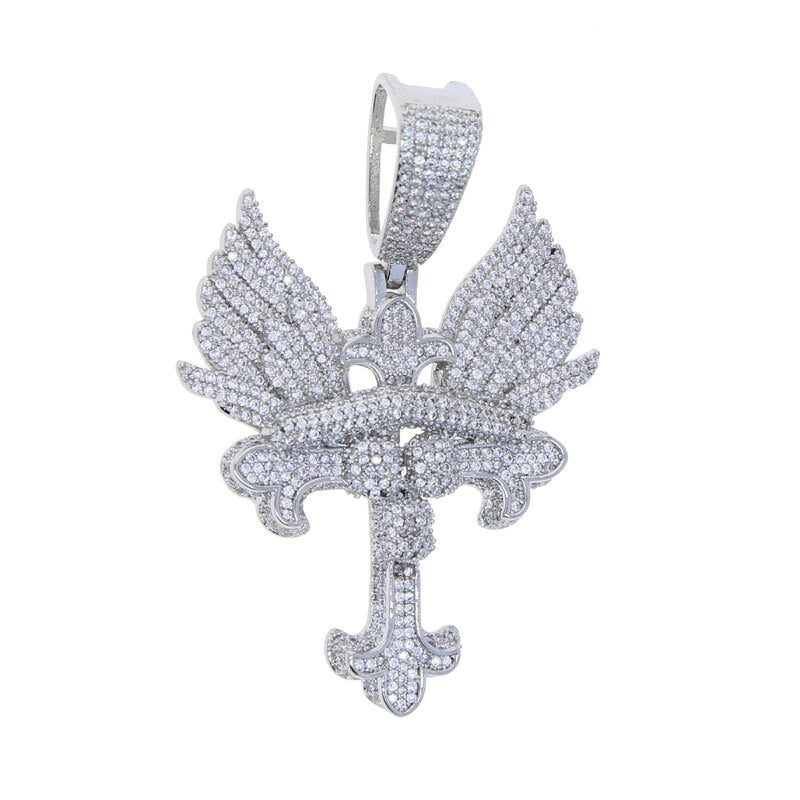 Gold Plated Cubic Zirconia Halo Wings Pendant Necklace for Men