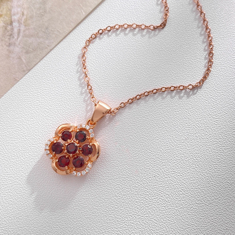 Rose Gold Plated Garnet Geometric Flower Pendant Necklace for Women