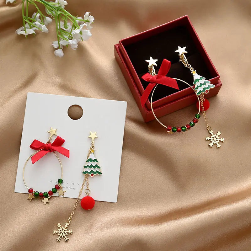 Sterling Silver Crystal Bowknot Christmas Tree Snowflake Tassel Earrings for Women