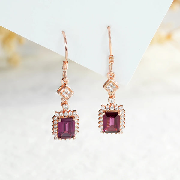 Sterling Silver Natural Purple Garnet Dangle Earrings for Women