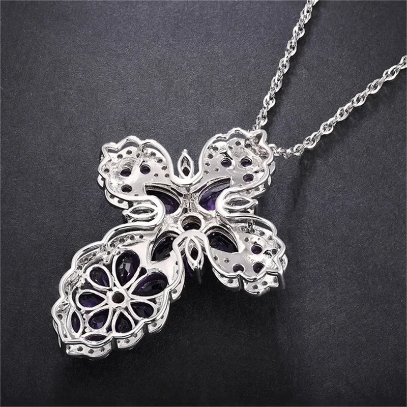 925 Sterling Silver Amethyst Gem Cross Pendant on Sweater Chain for Women