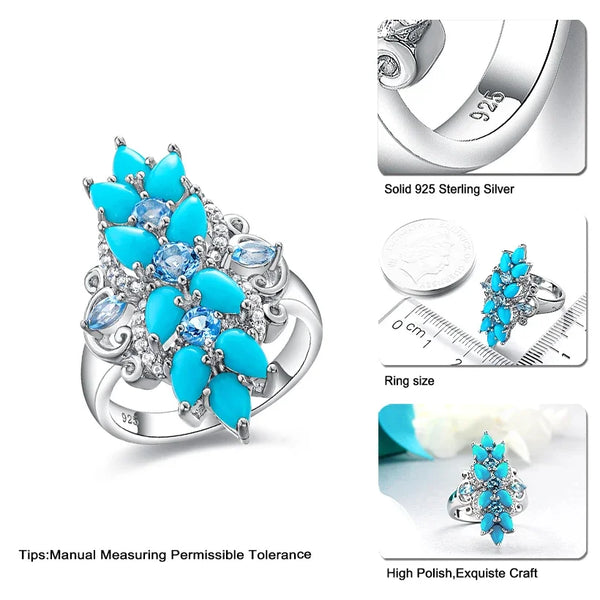 925 Sterling Silver 2 Carats Natural Pear Turquoise Ring for Women