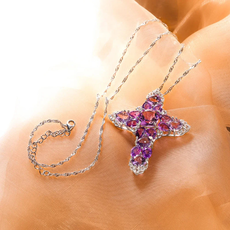 925 Sterling Silver Necklace with Amethyst Crystal Cross Pendant, Rhodium Plated, for Women