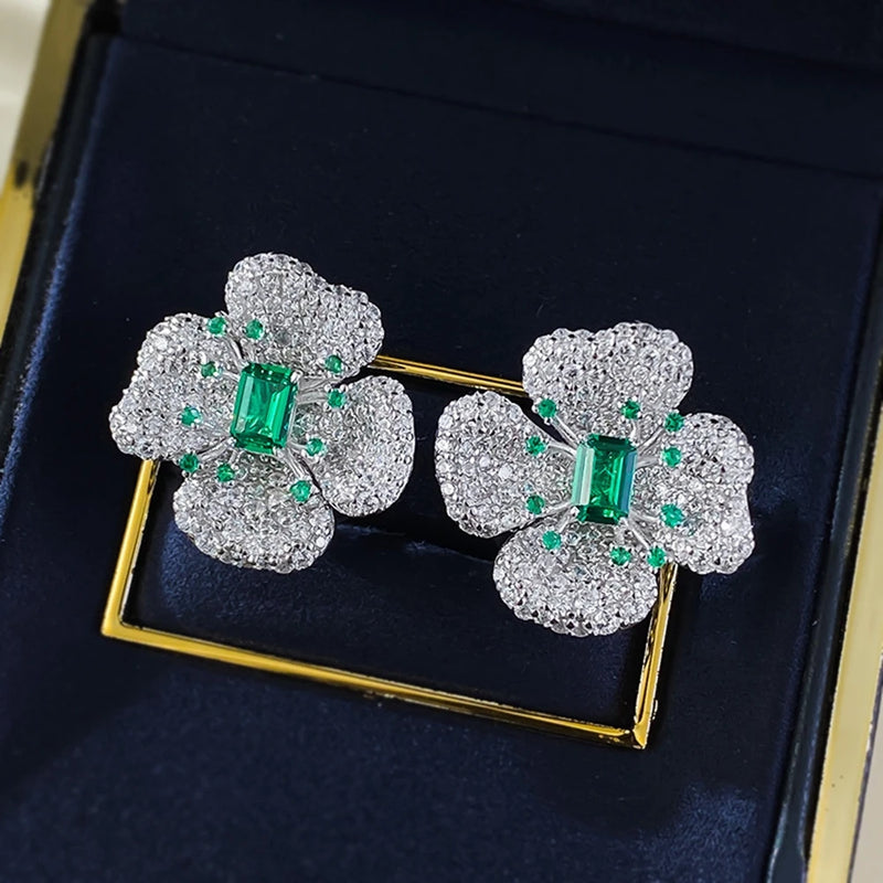 925 Sterling Silver Emerald & Diamond Flower Ear Studs with 4x6 mm Gemstones