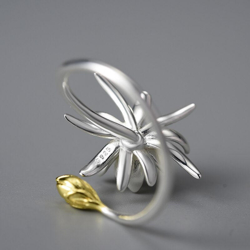 925 Sterling Silver Night-Blooming Cereus Flower Adjustable Ring for Women