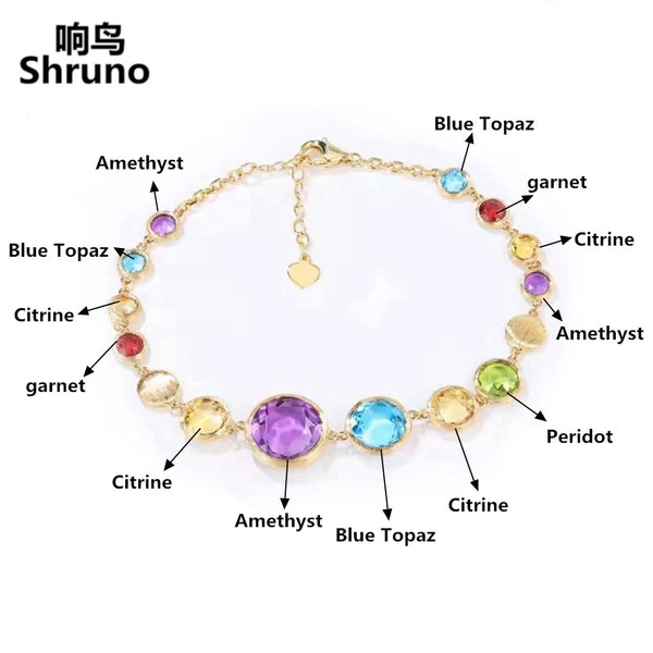 Solid 14K Yellow Gold Genuine Amethyst Peridot Blue Topaz Garnet Citrine Bracelet for Women