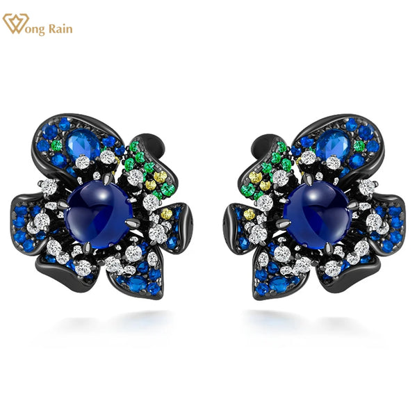 Wong Rain Elegant 100% 925 Sterling Silver 2CT Sapphire High Carbon Diamond Gemstone Flower Ear Studs Earrings Jewelry for Women