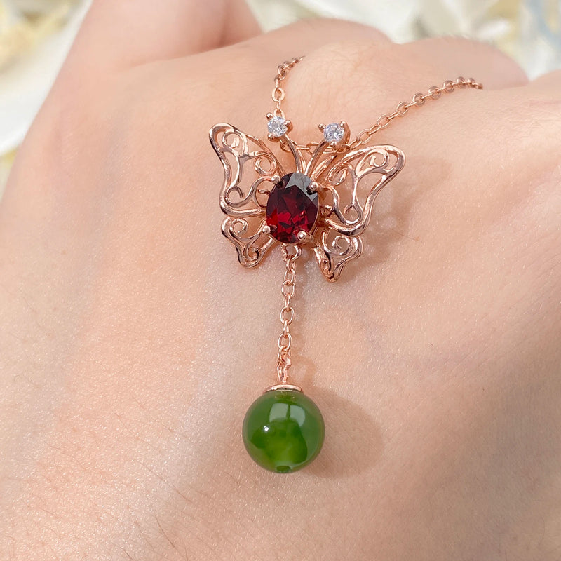 925 Sterling Silver Amethyst, Peridot & Garnet Hollow Butterfly Pendant Necklace for Women