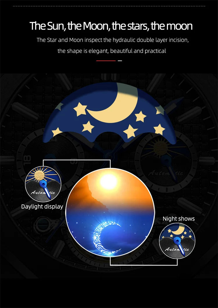 Stainless Steel Sun Moon and Stars Luminous Mechanical Watch for Men