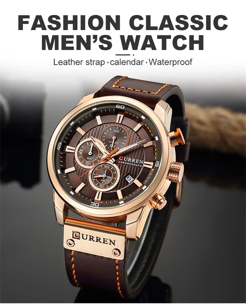 Stainless Steel Brown Leather Chronograph Watch for Men