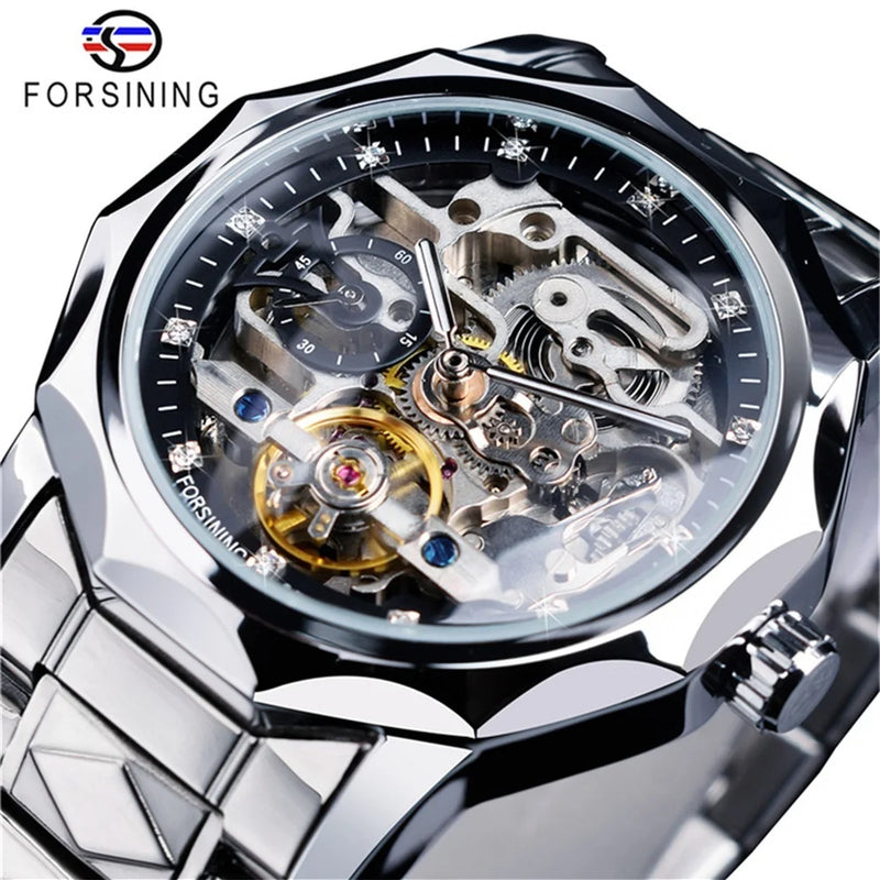 Stainless Steel Skeleton Transparent Automatic Mechanical Watch for Men