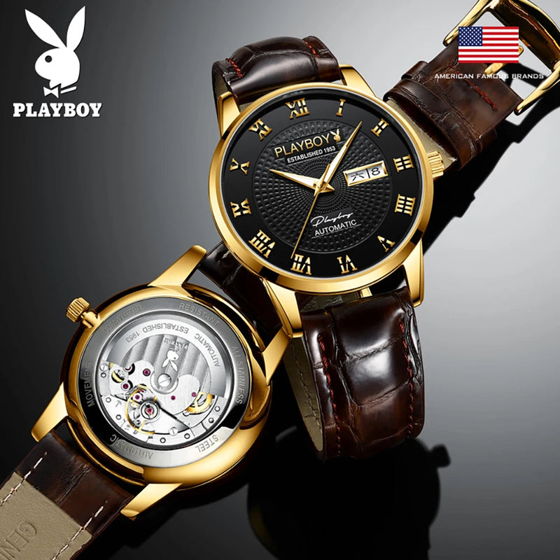 Stainless Steel Leather Strap Automatic Mechanical Watch for Men