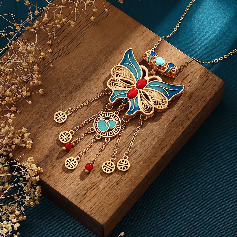 Enamel Bow Tassel Pendant Necklace in Chinese Style for Women