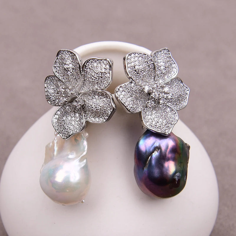 Gold Plated White Baroque Keshi Pearls & Zircon Flower Stud Earrings for Women