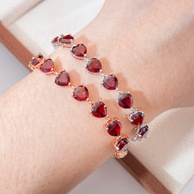 925 Sterling Silver Red Garnet & Cubic Zirconia Heart Chain Bracelet for Women