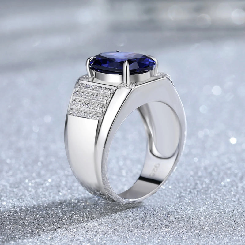 Sterling Silver Grand Oval Created Tanzanite Rings for Men