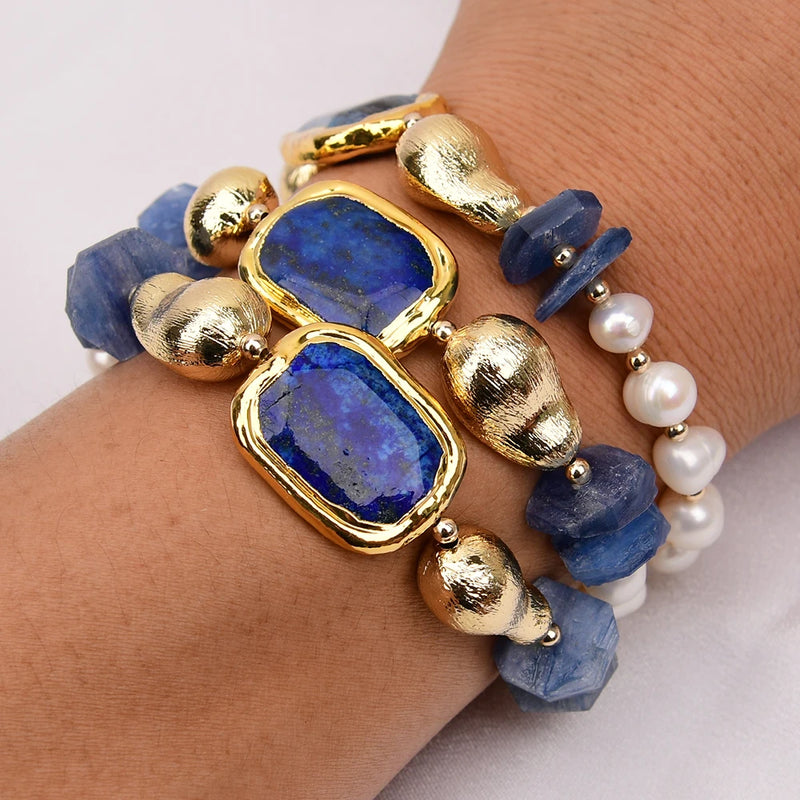 Gold Plated Kyanite, Pearl & Lapis Lazuli Bracelet for Lady