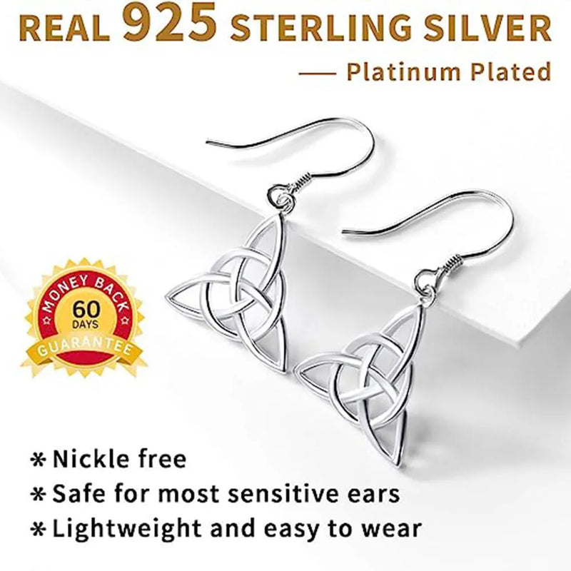 925 Sterling Silver Celtic Knot Triquetra Trinity Knot Triangle Drop Earrings for Women