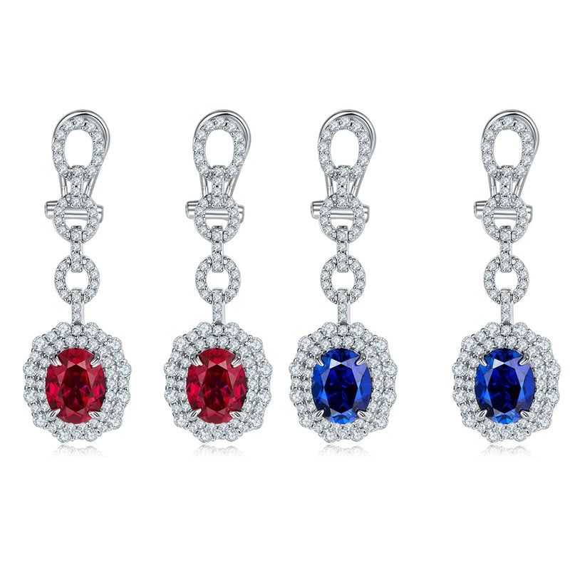 925 Sterling Silver Oval Cut Sapphire & Ruby Diamond Drop Earrings for Women