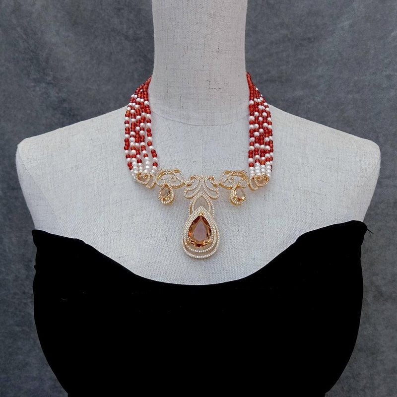 Y.YING 5 Rows Cultured White Pearl Red Agate Statement Necklace Cz Pave Big Pendant