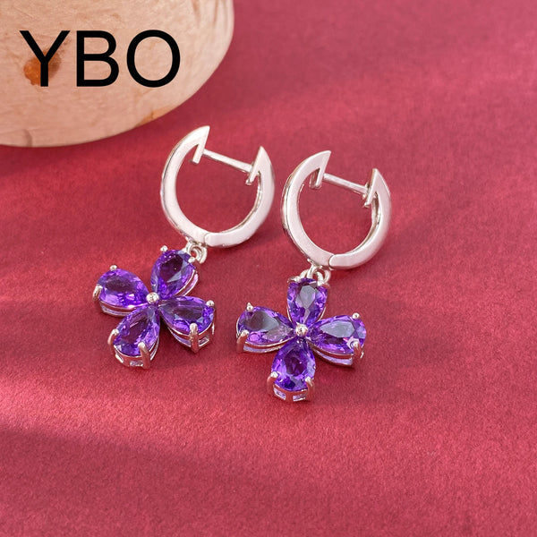 Sterling Silver Amethyst Flower Drop Earrings for Women