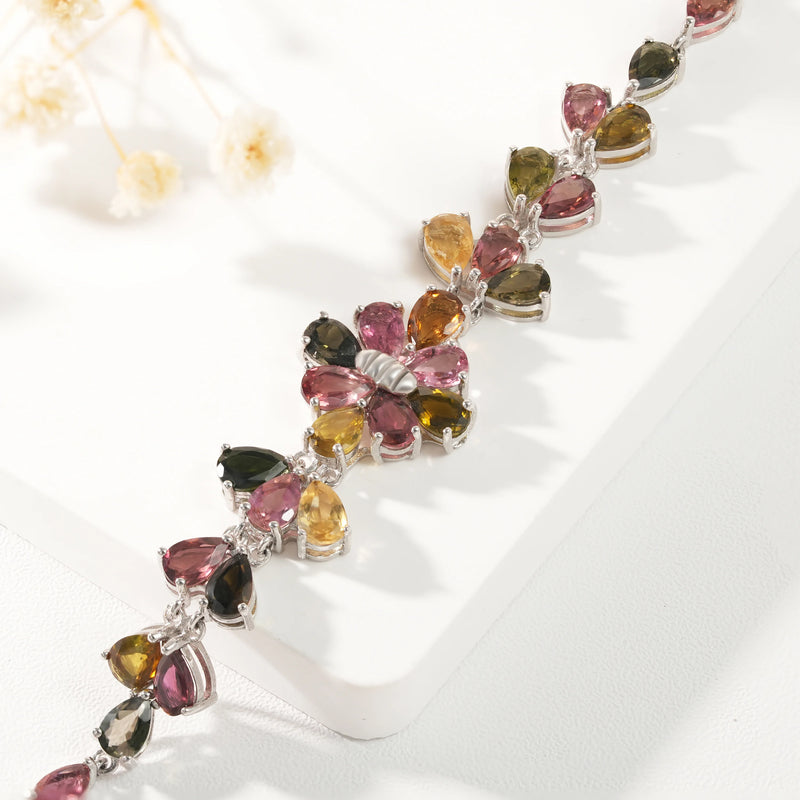 925 Sterling Silver Tourmaline Bracelet, Flower Design for Women