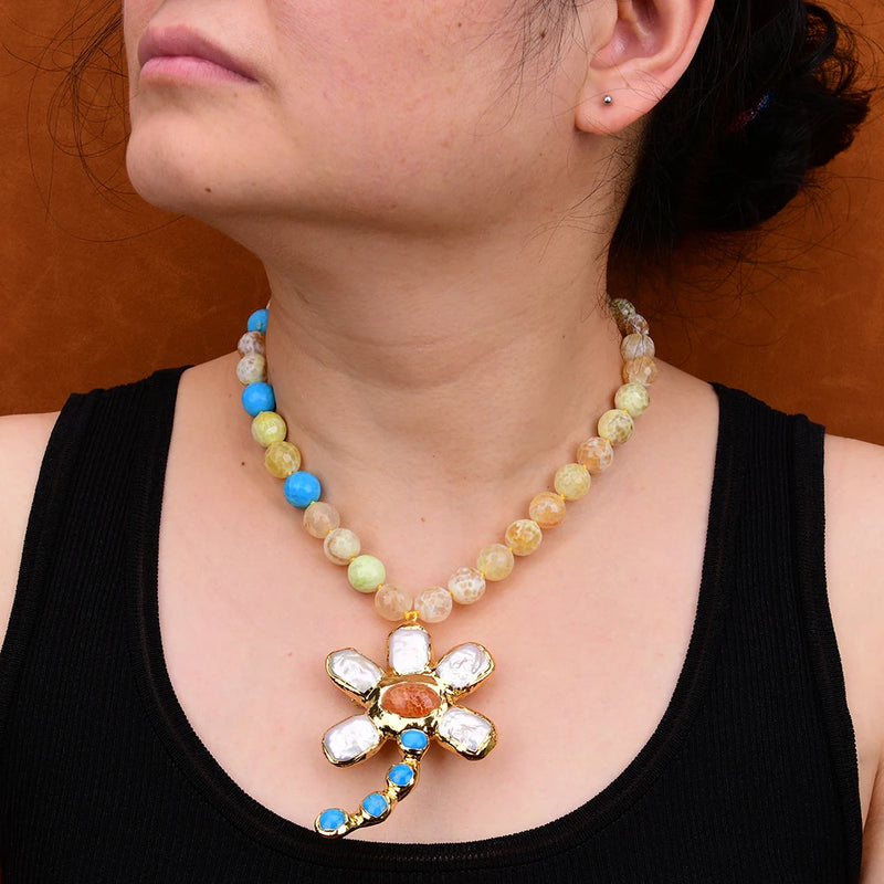 Gold Fire Agate Blue Turquoise Choker Necklace with Keshi Pearl Flower Pendant for Women