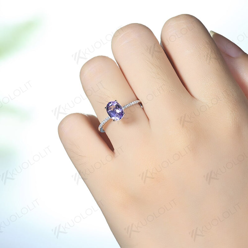 925 Sterling Silver Natural Amethyst Oval Gemstone Rings for Women