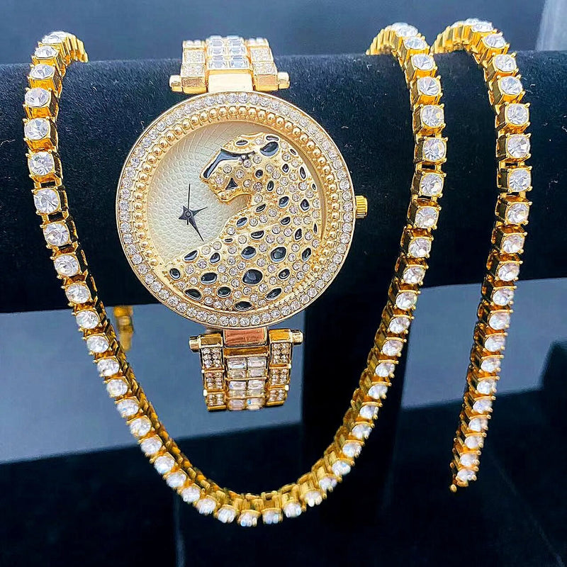 Stainless Steel Iced Out Watch, Tennis Chain Bracelet, and Necklace Set for Women