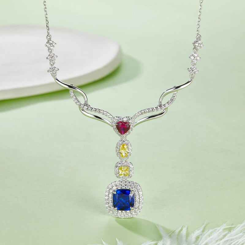 925 Sterling Silver Sapphire Ruby Diamond Pendant Necklace for Women