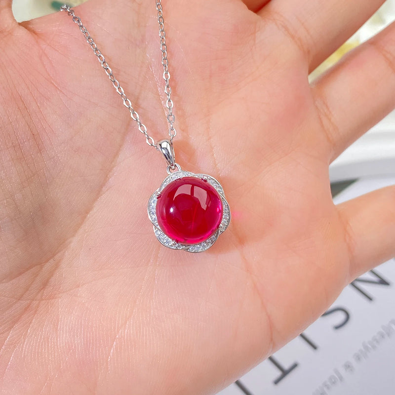 925 Sterling Silver Red Corundum Flower Pendant Necklace for Women