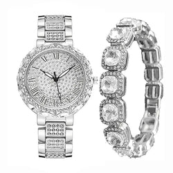 Silver/Gold Iced Out Diamond Watch with Tennis Chain Bracelet Set for Women